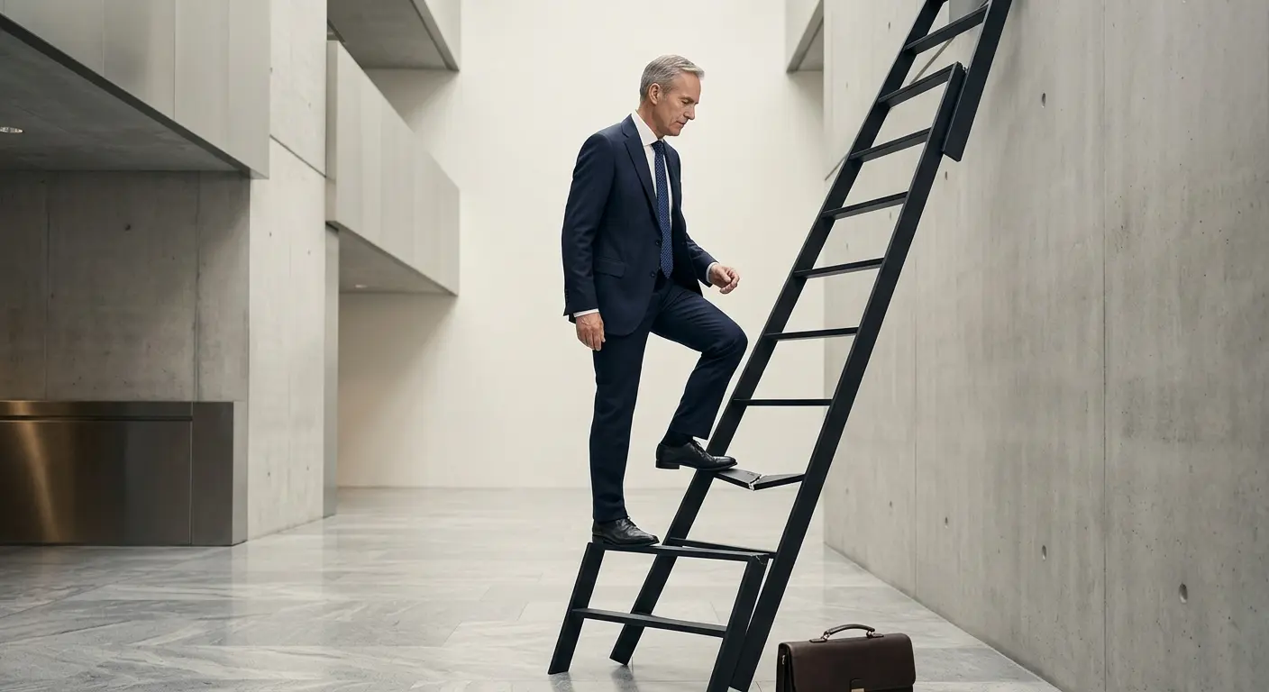 A senior executive steps toward a broken ladder rung, symbolizing the challenge and risk of promotion into a higher leadership role
