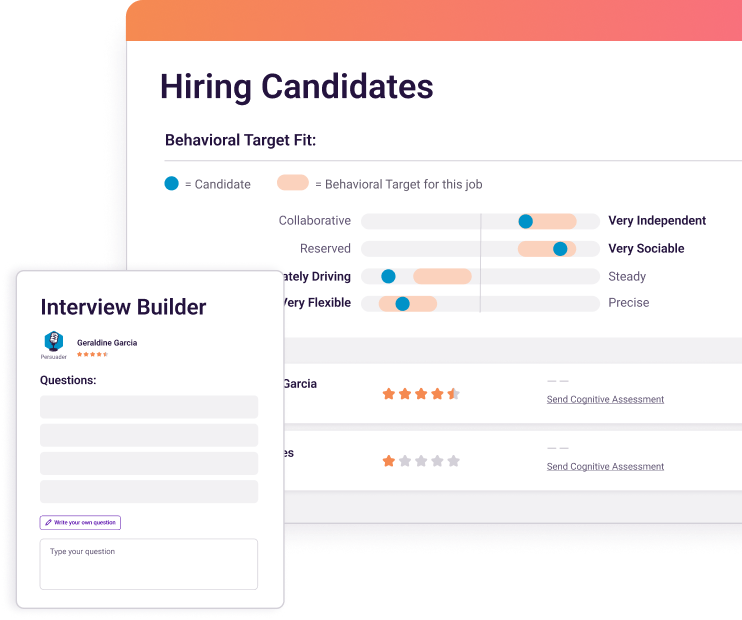 Hiring assessment software platform showing candidate match scores and behavioral fit data