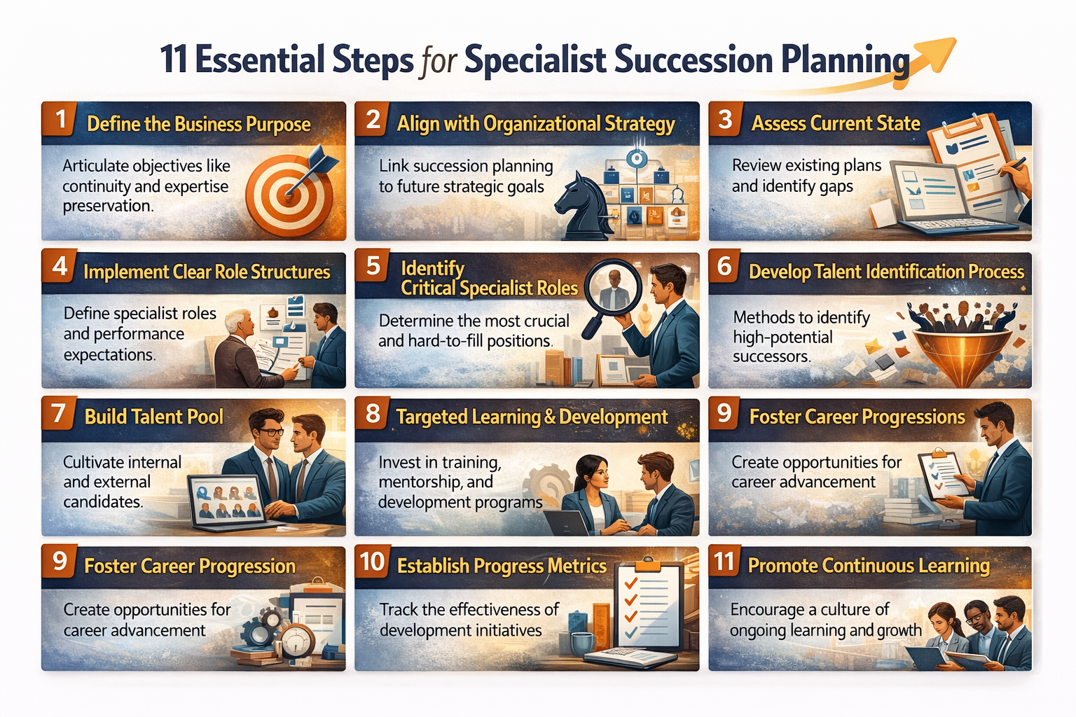 11 Essential Steps for Specialist Succession Planning infographic showing key stages from defining business purpose to promoting continuous learning